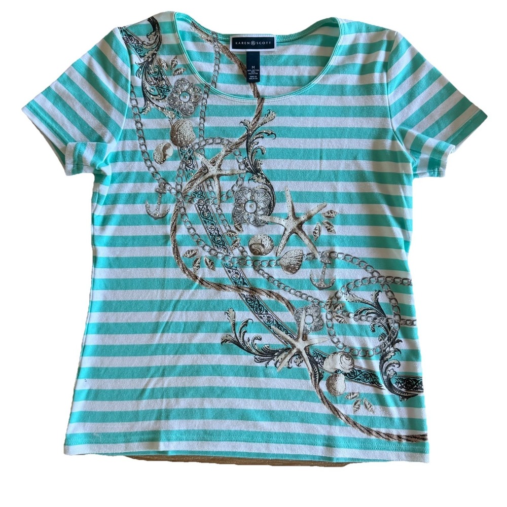 Karen Scott Starfish Striped Top Medium Coastal Grandma Studded Beachy Nautical